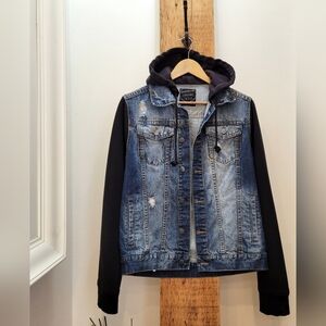 Brooklyn Calling NYC Denim Jacket with Black Hoodie Sleeves